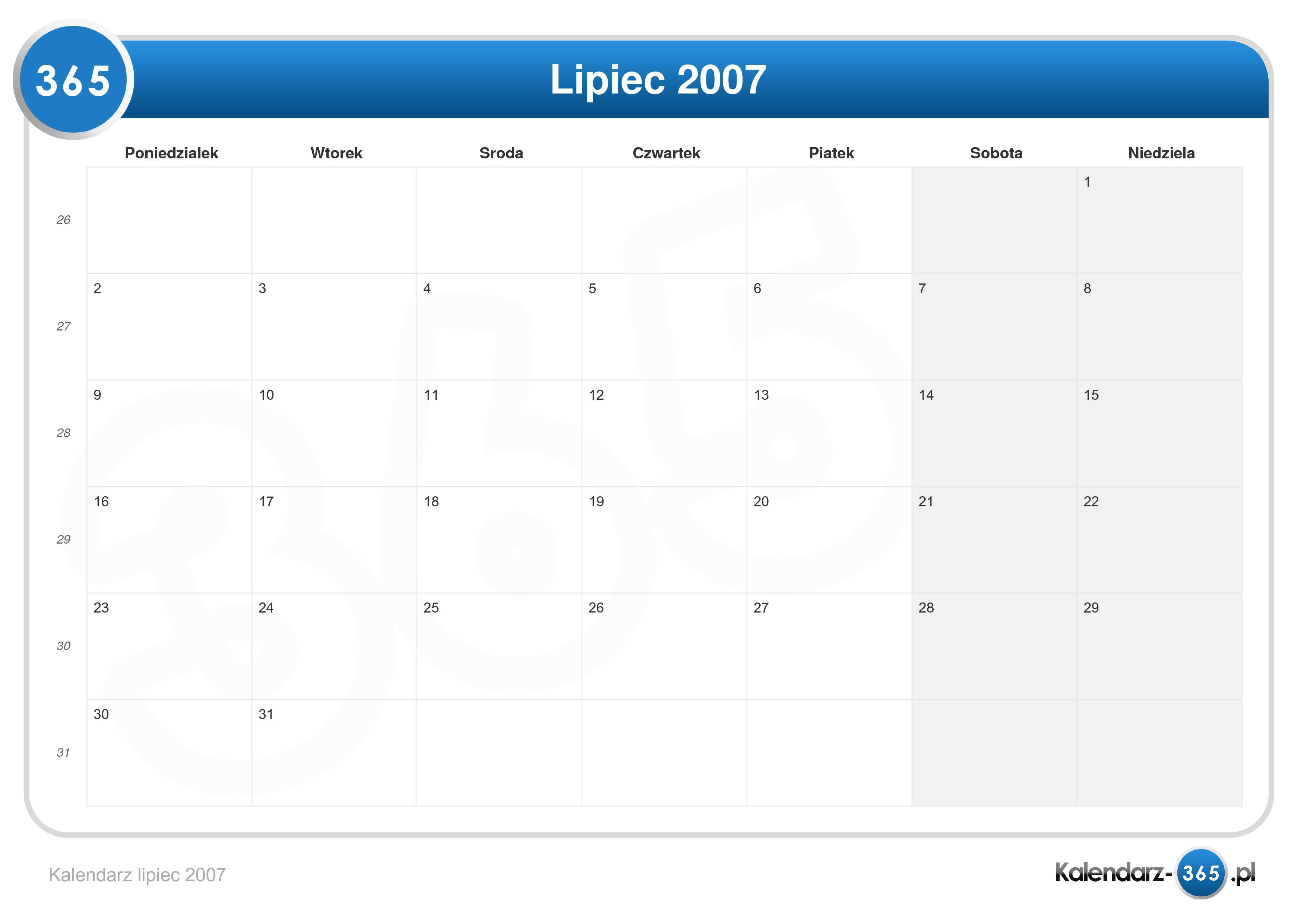 Kalendarz Lipiec 2007 kalendarz lipiec 2007