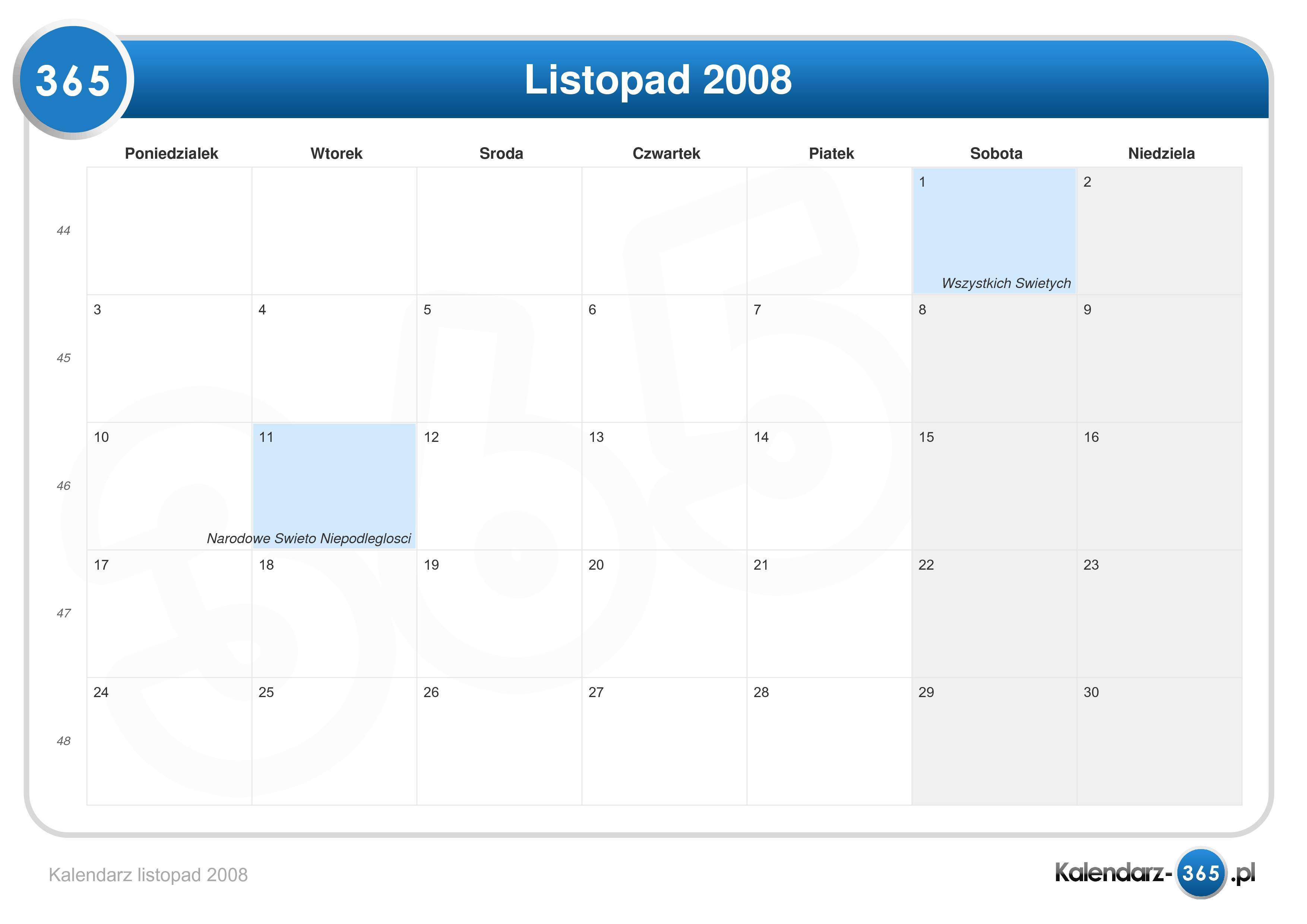 Kalendarz Listopad 2008