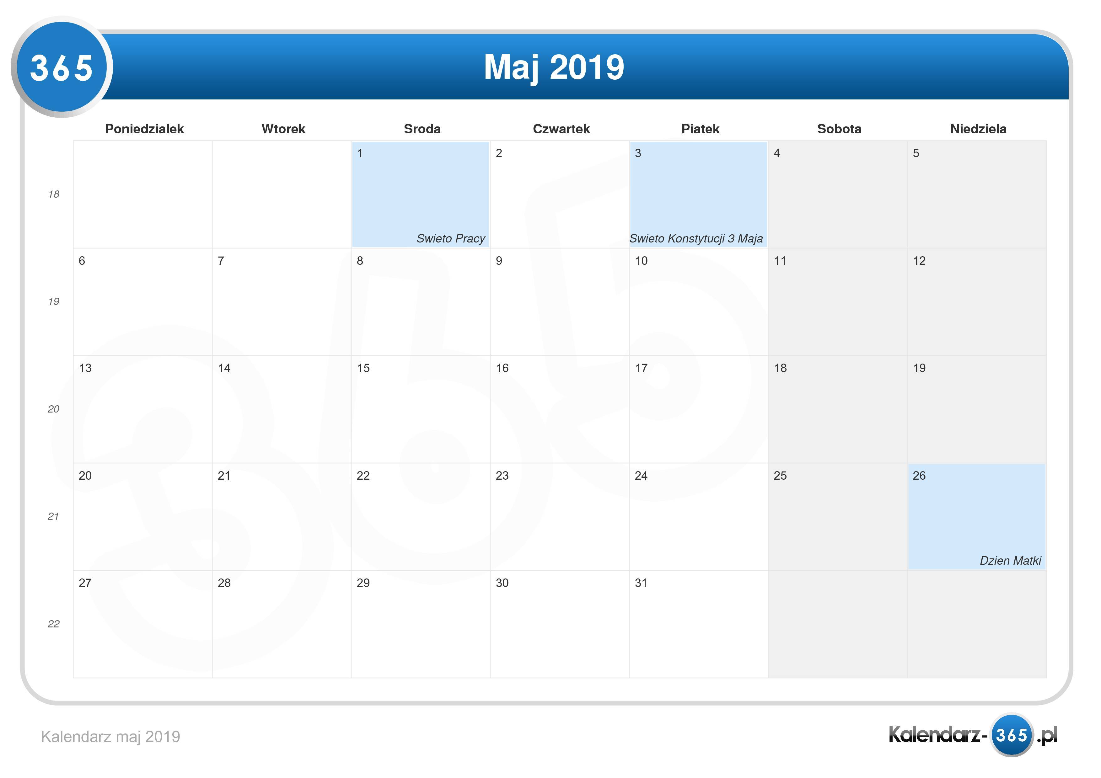 Kalendarz Maj 2019