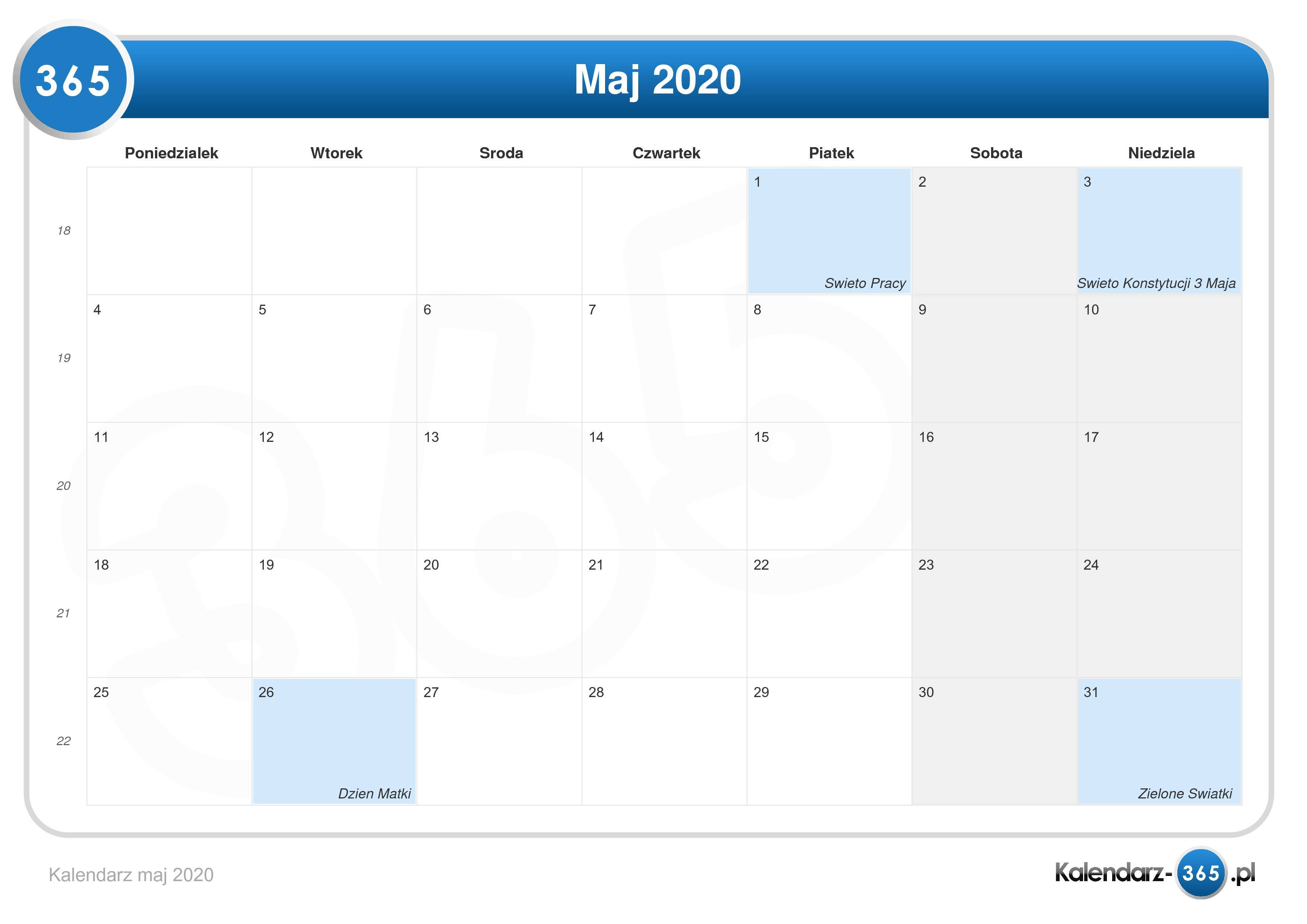 Kalendarz Maj 2020